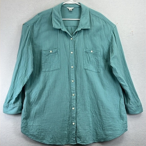 Caslon Women’s Button-Front Shirt/Tunic Sz 2X Aqua 100% Cotton Loose & Comfy Fit - Picture 1 of 11